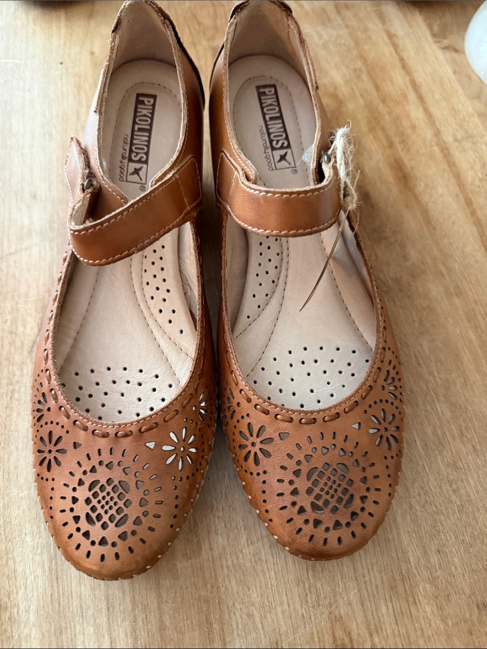 PIKOLINOS Cognac Perforated Leather Mary Jane Flats
